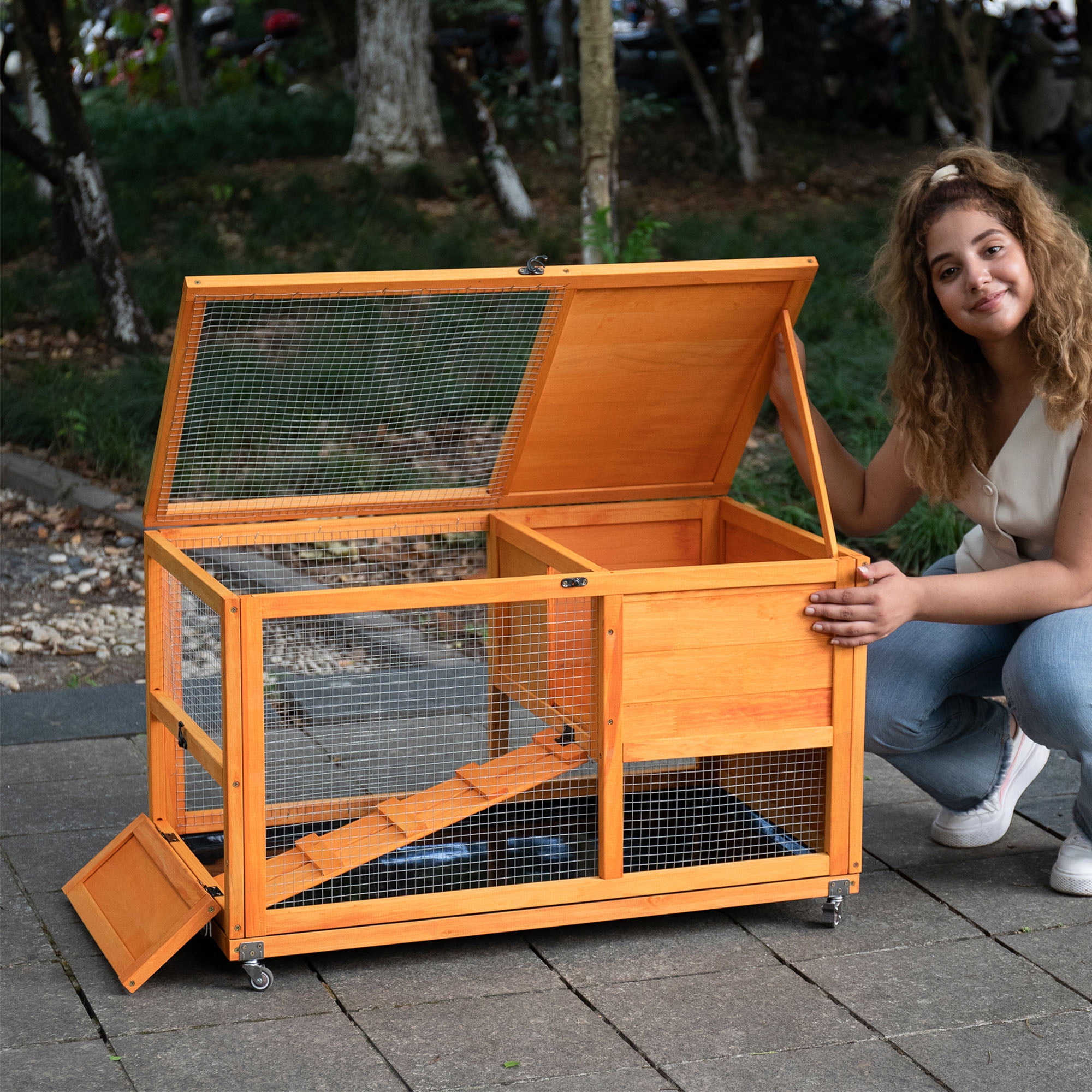 resenkos 35" Outdoor Rabbit Hutch with Wheels, Wood Bunny House with Ramp, Tray, Doors, Openable Top Small Animal Pet Cage, Orange