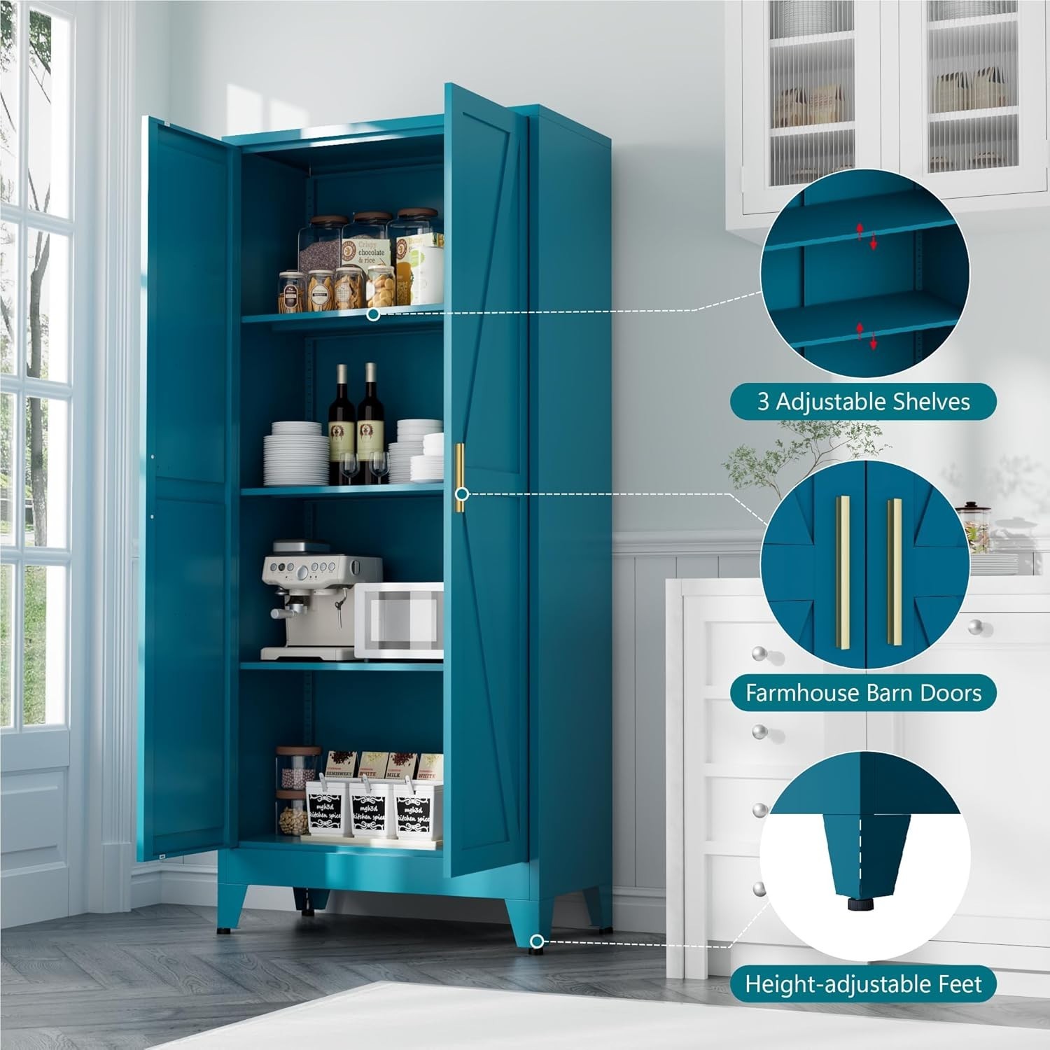 WDZS Large Metal Kitchen Pantry Cabinet with Adjustable Shelves - Freestanding Kitchen Storage Cabinet for Dining Room,Livingroom Bathroom, Hallway, Workshop, Office,Blue