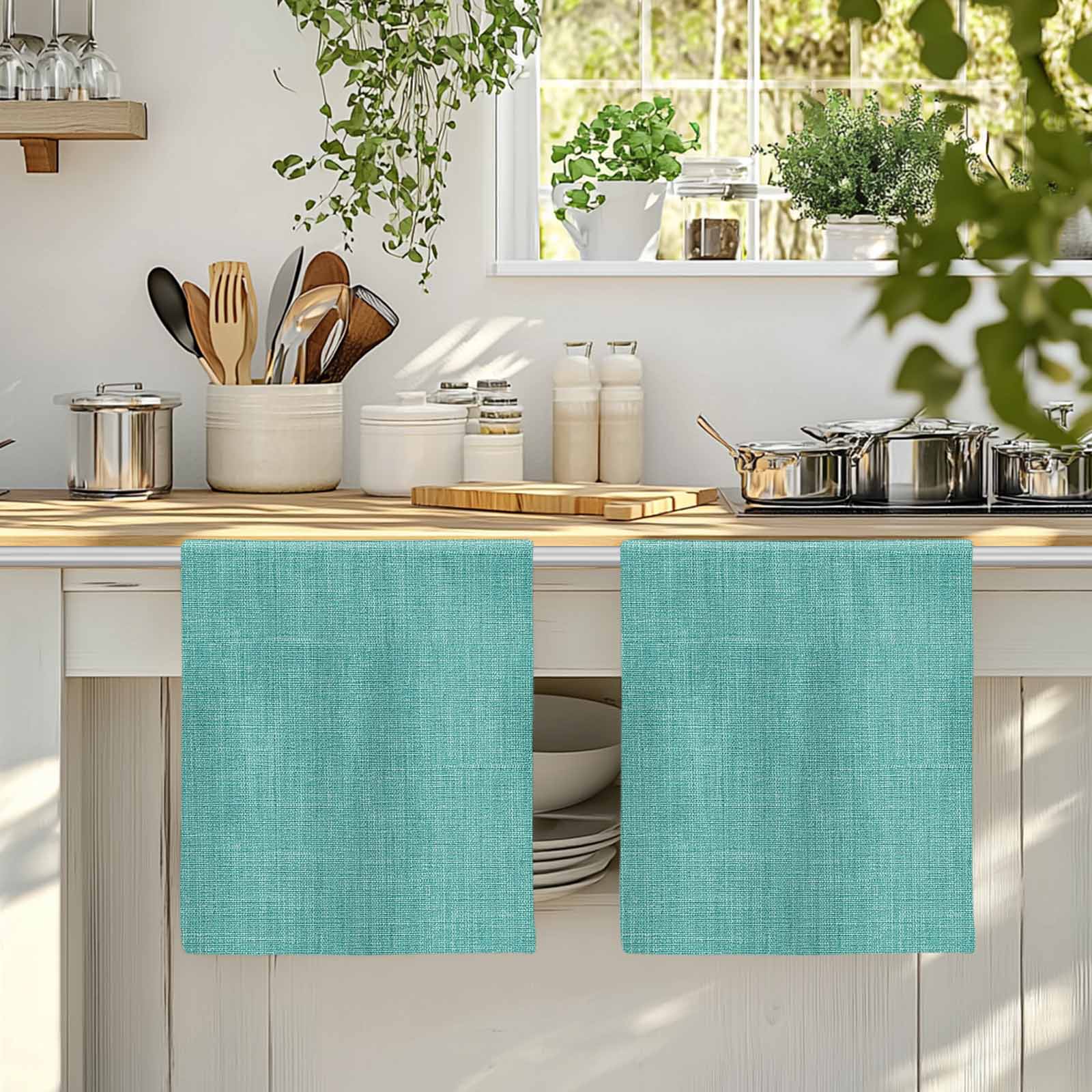 Teal Kitchen Towels Set of 2, Farmhouse Burlap Solid Green Color Modern Linen Texture Soft Microfiber Dish Towels, Absorbent Washable Dishcloths for Kitchen Cleaning, Drying Dishes, 18x28 Inches