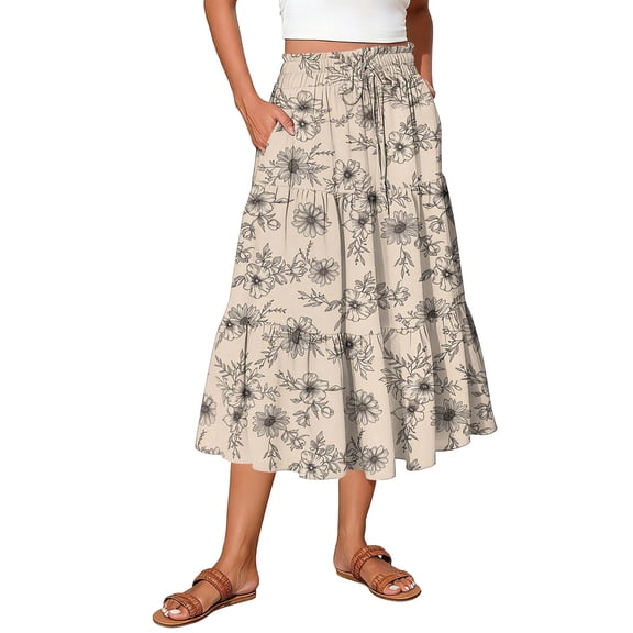 Minjewel Women's Maxi Skirt Drawstring High Waisted Summer Long Skirts, Lightweight Tiered Flowy Floral Pleated Skirts, Casual Elastic Waist Vacation Style Print Skirt,Beige,L