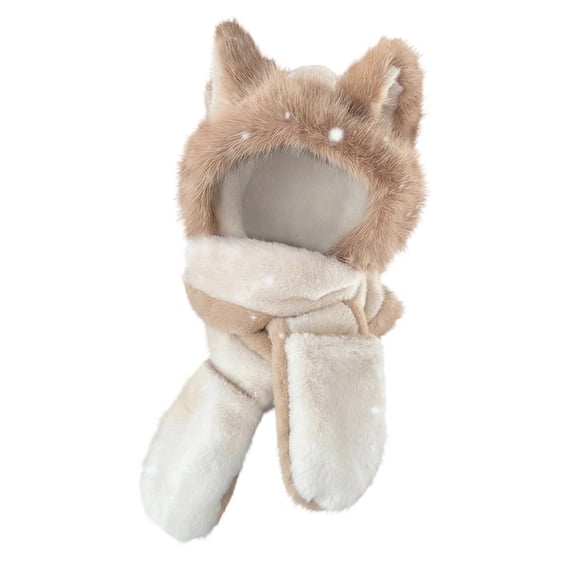VISALY Winter Faux Fur Hooded Scarf 3 in 1 Warm Windproof Fleece Gloves Set Thick Ear Cap Hat with Scarfs Cute Ears Winter Hat 3 in 1 Plush Hat with Mittens Scarf for Women Girls Beige One Size