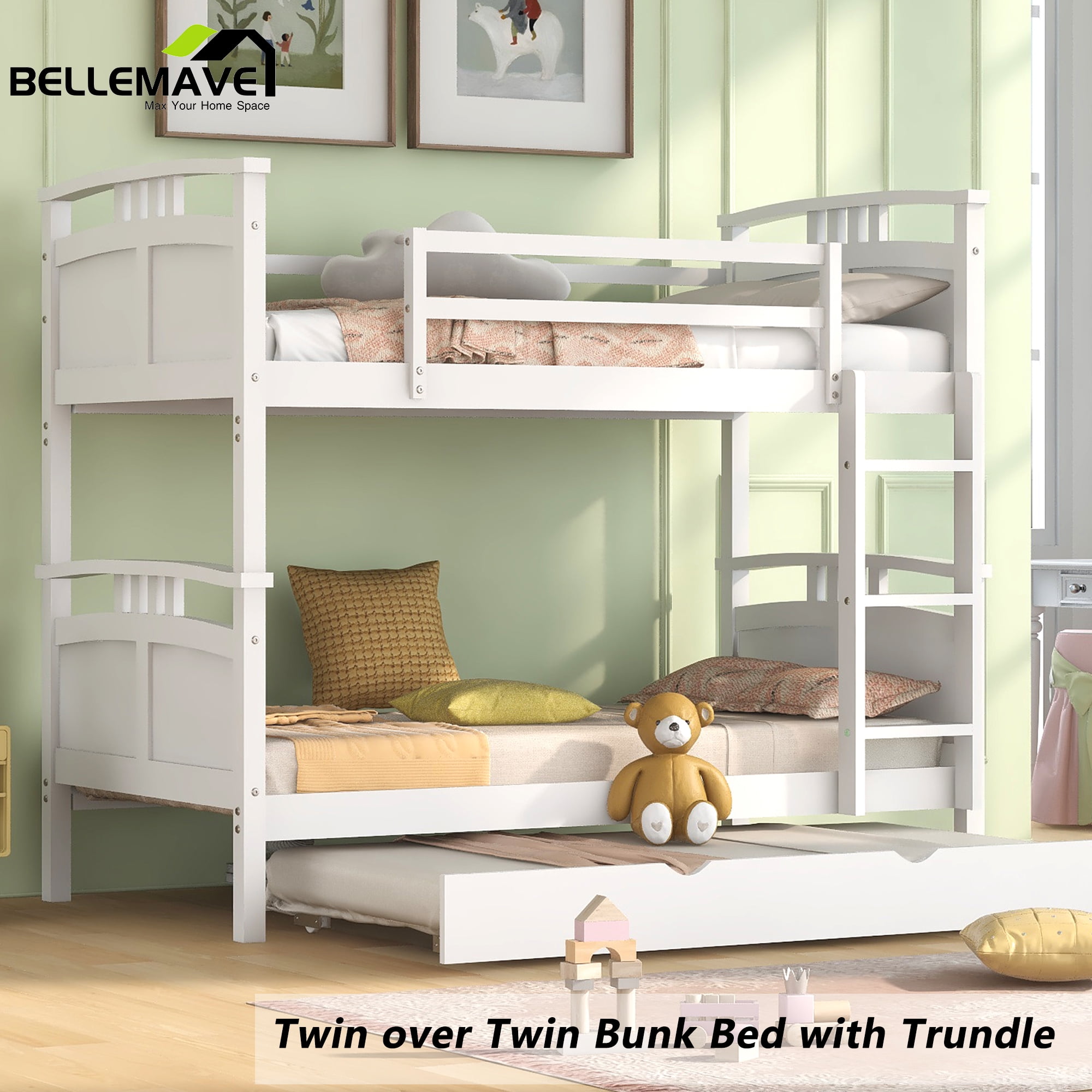 BELLEMAVE Twin Over Twin Bunk Bed with Trundle, Convertible into 2 Beds