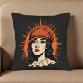 thumbnail image 5 of Stylish 18x18in Throw Pillow Covers Set of 2 - Woman in Red Hat with Cream Ruffled Collar & Orange Pattern - Perfect for Couch Bed Car Decor, 5 of 8
