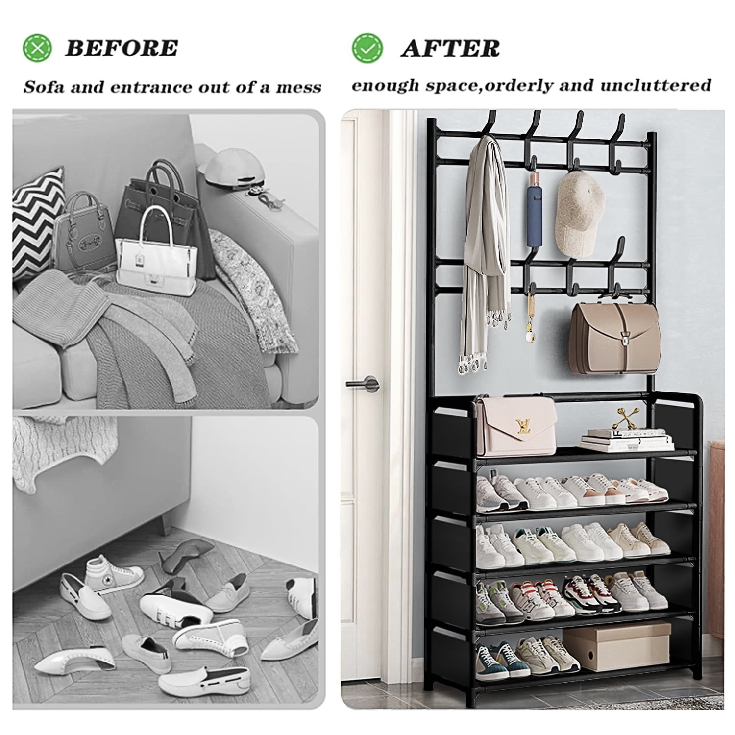 Brochao 5 Tiers Shoe Rack with Coat Rack, Shoe Organizer Storage with Hooks, Freestanding Shoe Shelf for Entryway, Hallway, Office, Black