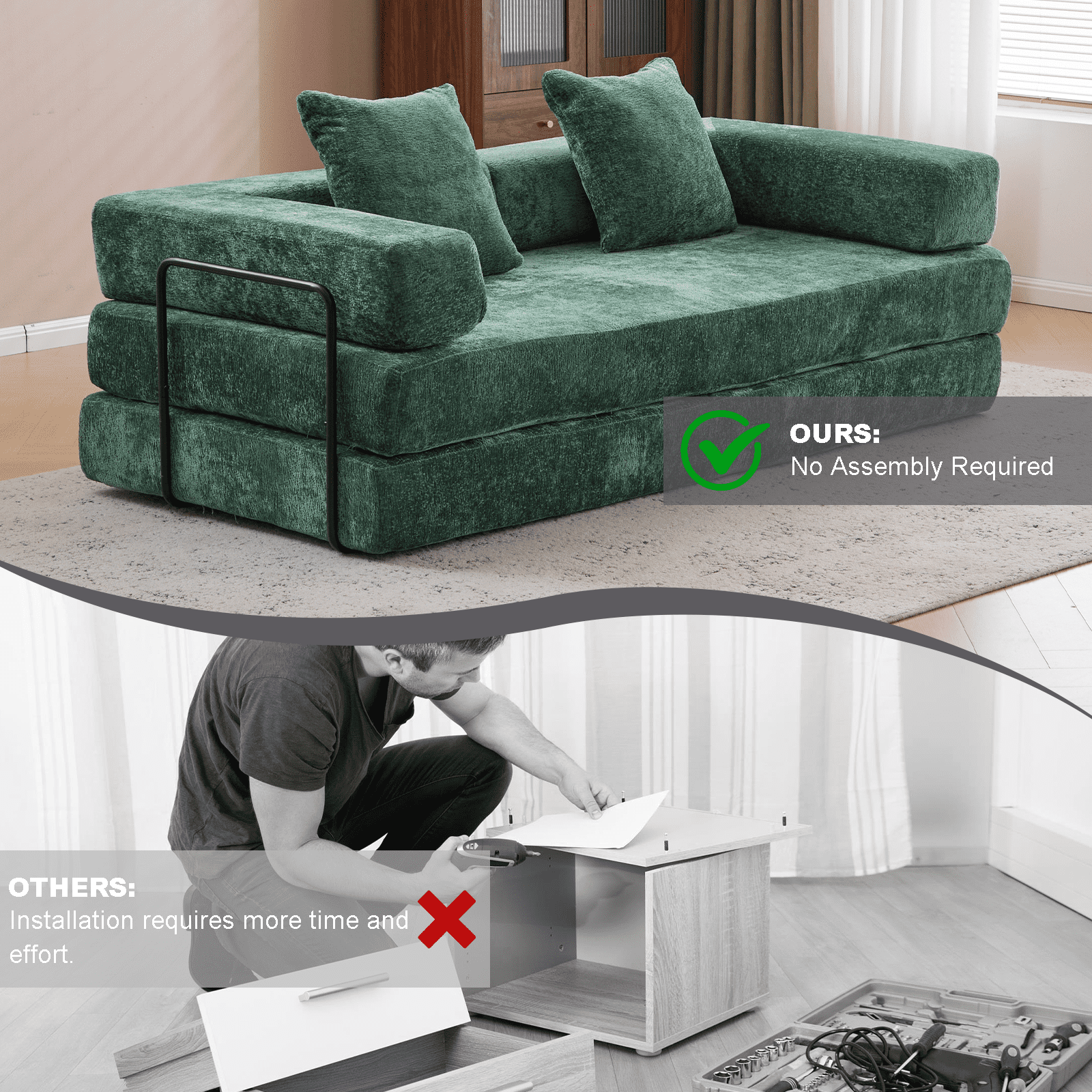 Miniyam 4 in 1 Convertible Floor Sofa Bed, Chenille Floor Couch with Armrest, Pillow for Living Room, Green