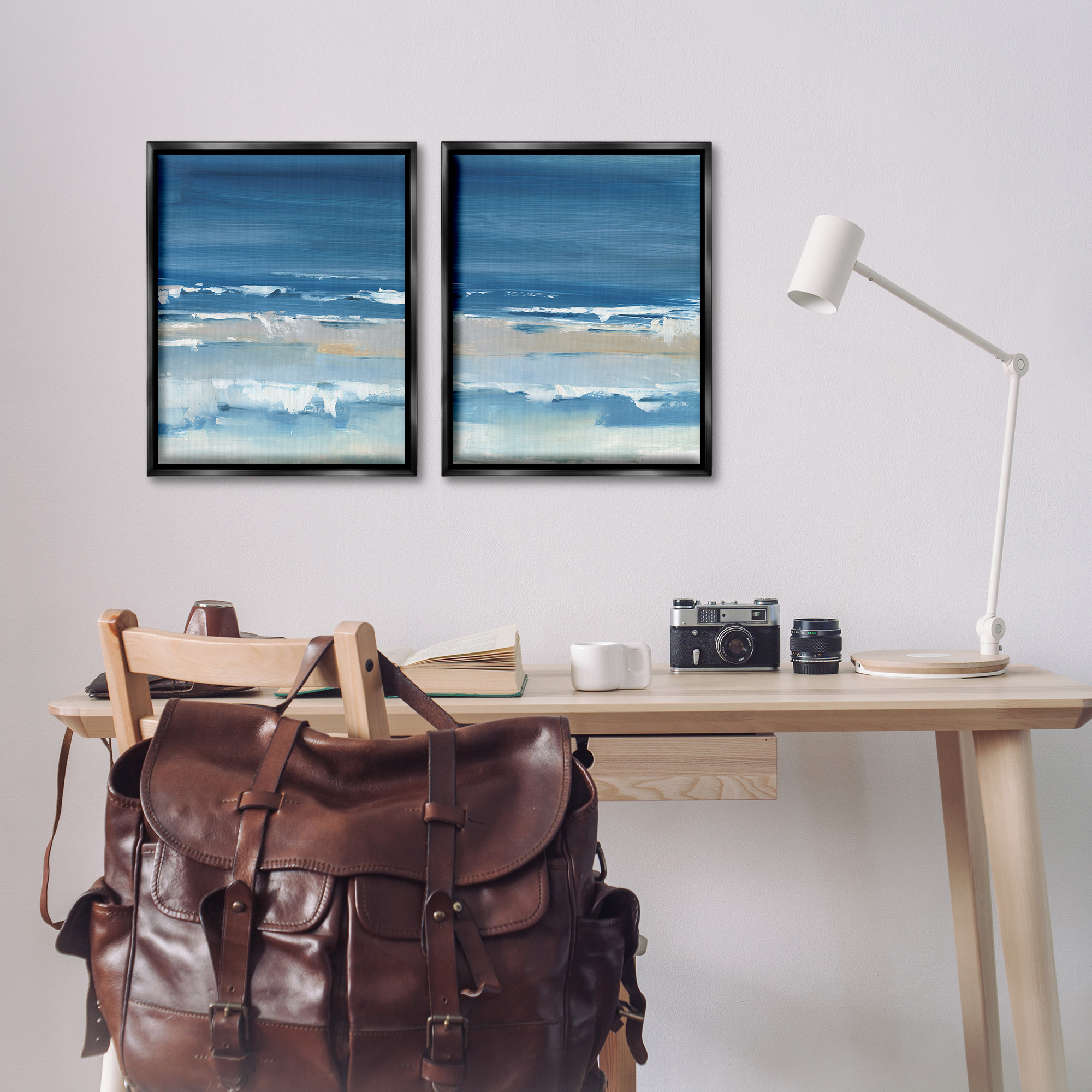 Stupell Industries Crashing Beach Wave Shore Nature Painting Black Floater Framed Canvas Art Print Wall Art, 17 x 21, Set of 2