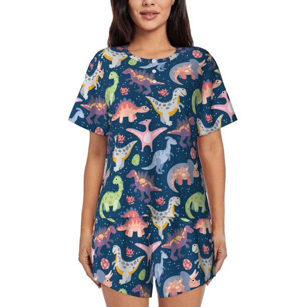 Fotbe Dinosaur Conjunto de Pijama Estampado para Mujer, 2 Piezas, Ropa de Dormir con Camiseta de Manga Corta y Shorts Suaves-Large
