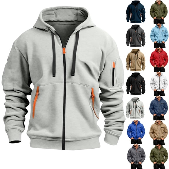 Luvrsol Hoodies for Men Cargo Solid Color Multiple Pockets Sports Ditness Training Long Sleeved Hooded Casual Jacket, Size S-4XL