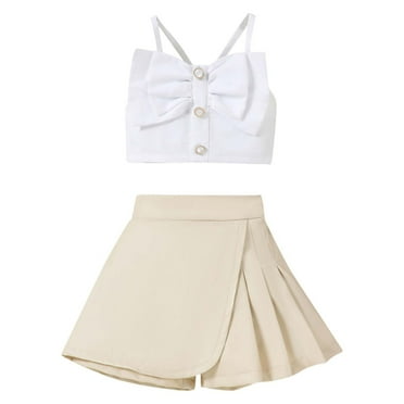 Zwiiyzr 2025 1-6Y Toddler Baby Girl Summer Clothes Sleeveless Bow Camisole Top And Irregular Leather Skort Two-Piece Set Summer 2Pcs Outfits White