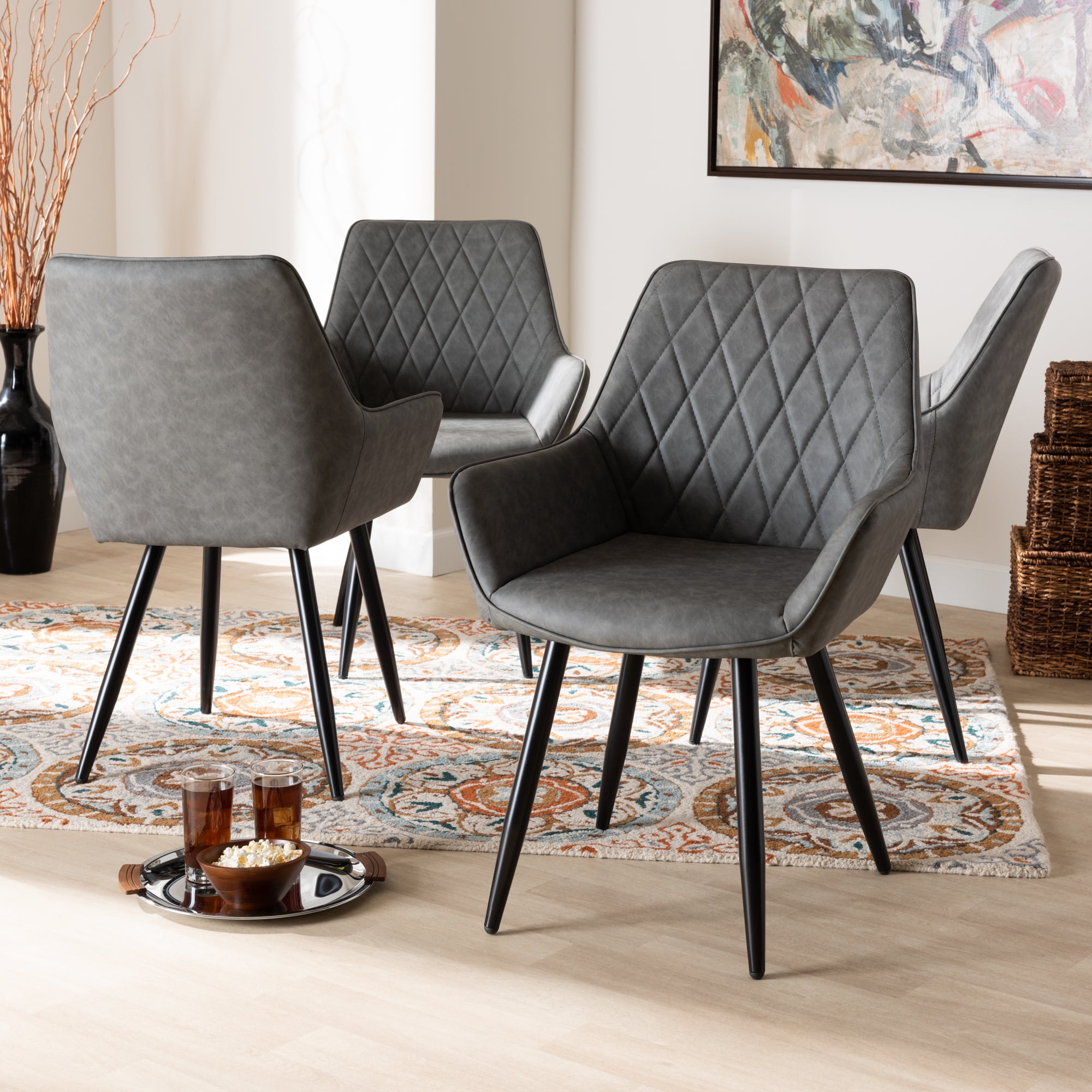 Black Metal 4 Piece Dining Chair Set, Grey Faux Leather Dining Chairs Set Of 4