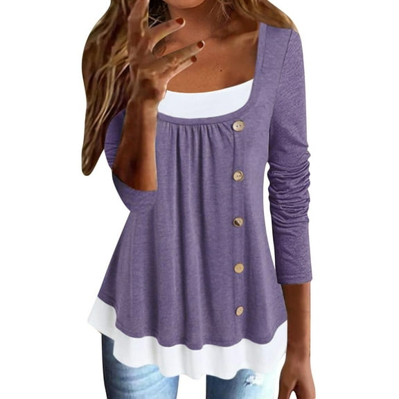 Womens Shirts Tshirts Long Sleeve Womens Workout Tops Fall Fashion Solid Color Button Loose Blouses Dressy Casual Purple XL