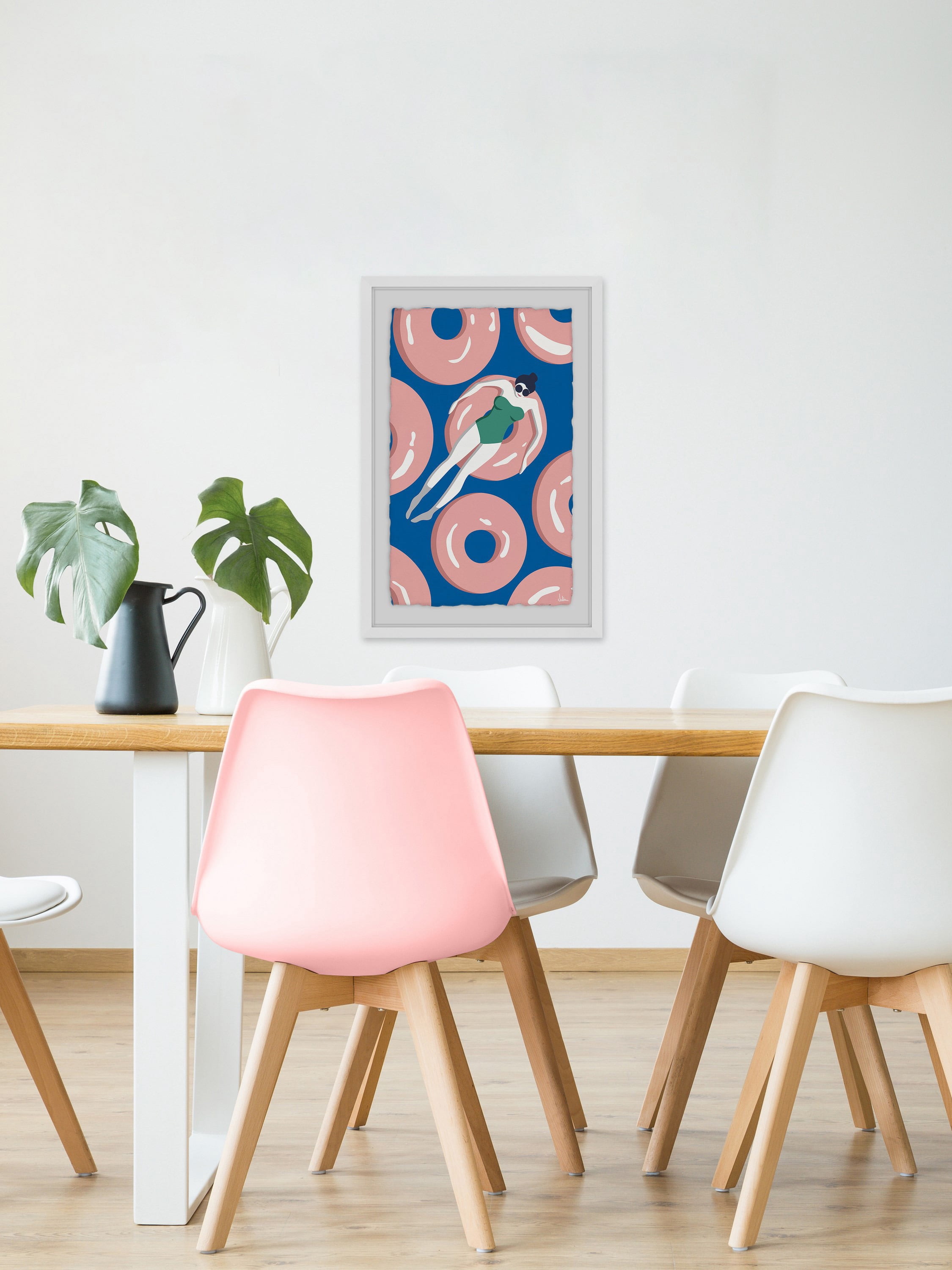 Floating Pink Donuts Framed Painting Print