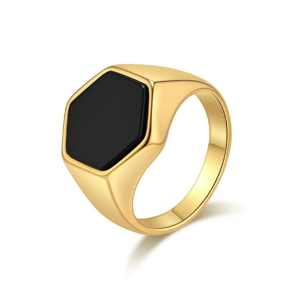 PAURO Men's Stainless Steel Minimalist Hexagonal Black Stone Statement Ring Gold Size 12