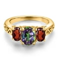 thumbnail image 3 of Gem Stone King 18K Yellow Gold Plated Silver Green Mystic Topaz and Red Garnet Filigree Style 3 Stone Ring for Women (2.72 Cttw, Oval 8X6MM and 6X4MM) (Size 7), 3 of 6