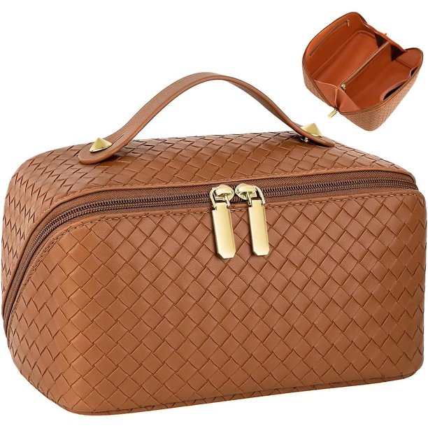 Grande Bolsa de viaje para cosméticos, bolsa de maquillaje portátil de piel sintética, bolsa de almacenamiento de cosméticos, bolsa de maquillaje impermeable con doble cremallera, divisores