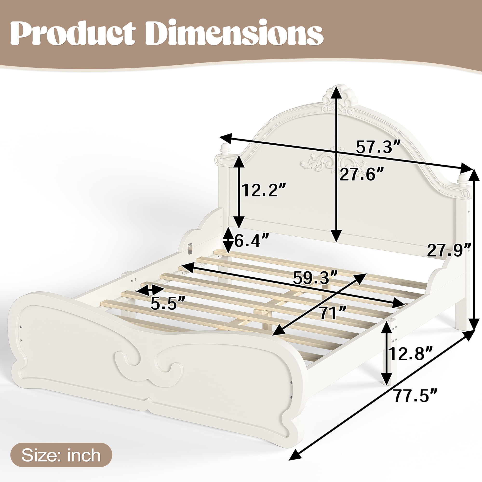 GARITIN Full Vintage Carved Platform Bed with Headboard, Solid Wood Bed Frame with Slatted Support, Low Profile Platform Bed, No Box Spring Needed, Beige