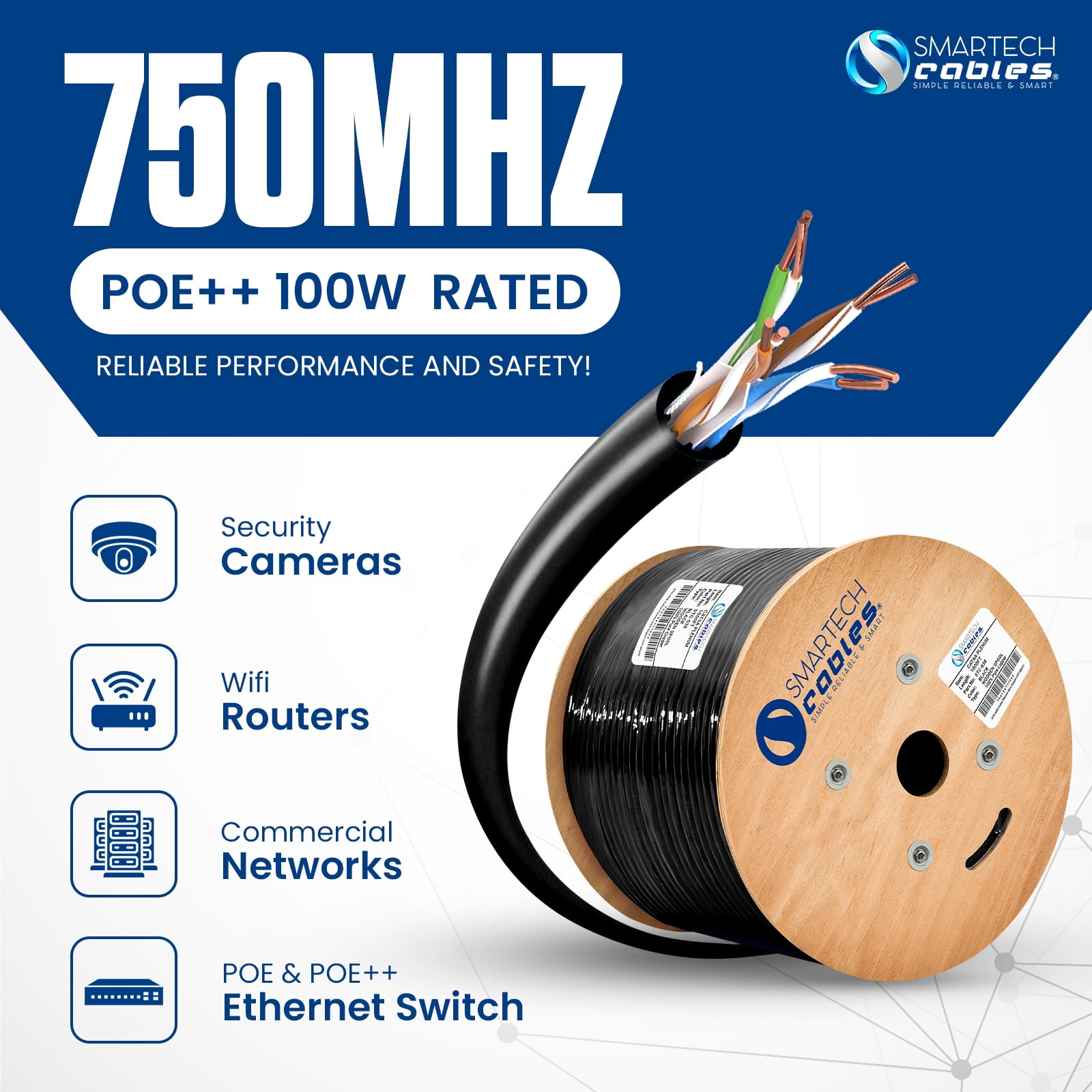 Cat6A Riser Cable 1000ft – 100% Solid Bare Copper, 23AWG UTP, 750MHz, Bulk Ethernet Cable, Black