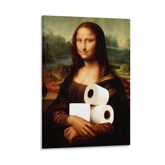 Funny Mona Lisa Bathroom Canvas Wall Art, Framed Vintage Painting Pictures Artwork, Black and White Mona Lisa Holding Toilet Paper Poster Wall Decor for Restroom Toilet, Wrapped Canvas