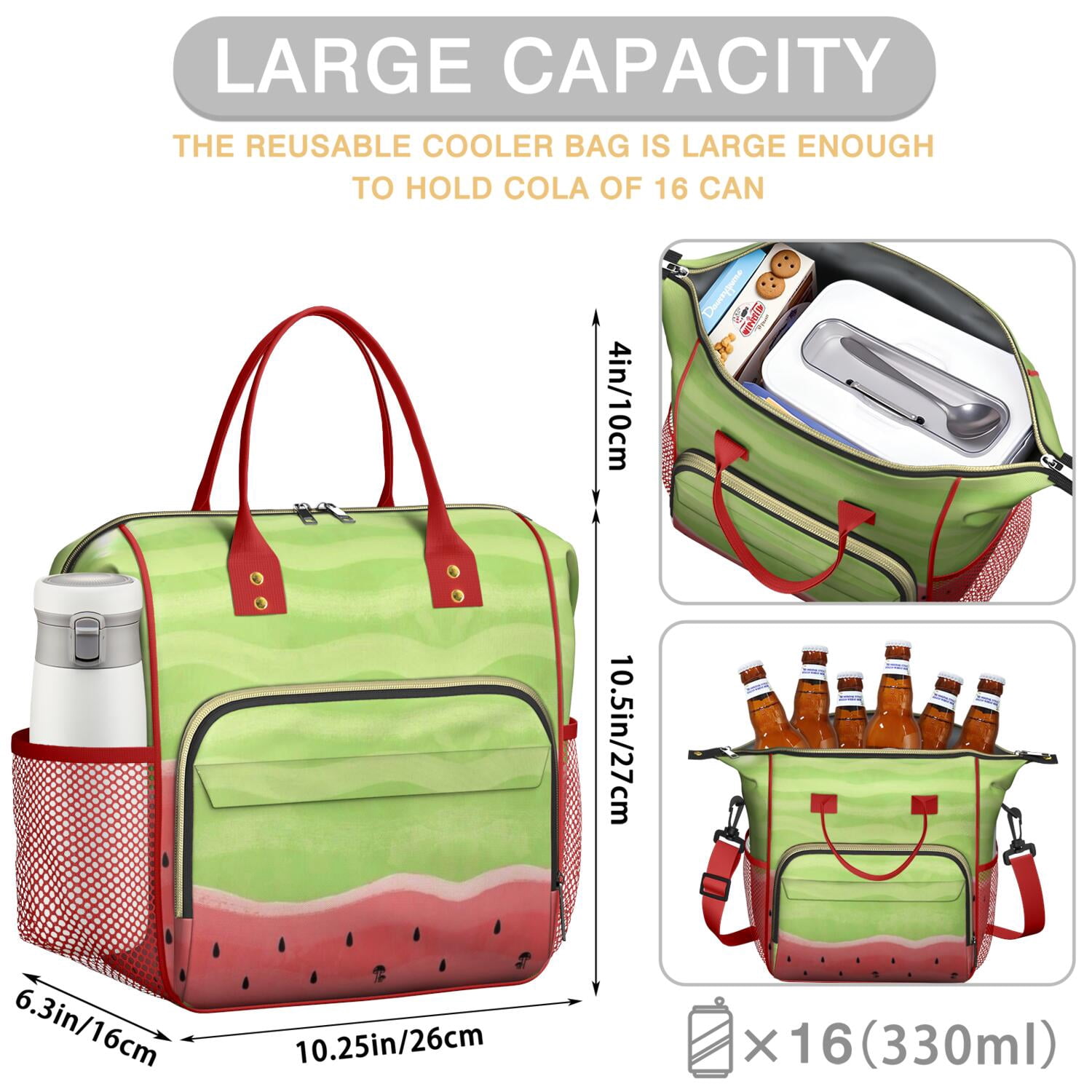 Aesthetic Geometric Watermelon Lunch Tote - Large Leakproof Cooler Bag for Men & Women, Multi-Pocket Insulated Picnic Bag for Beach & Travel