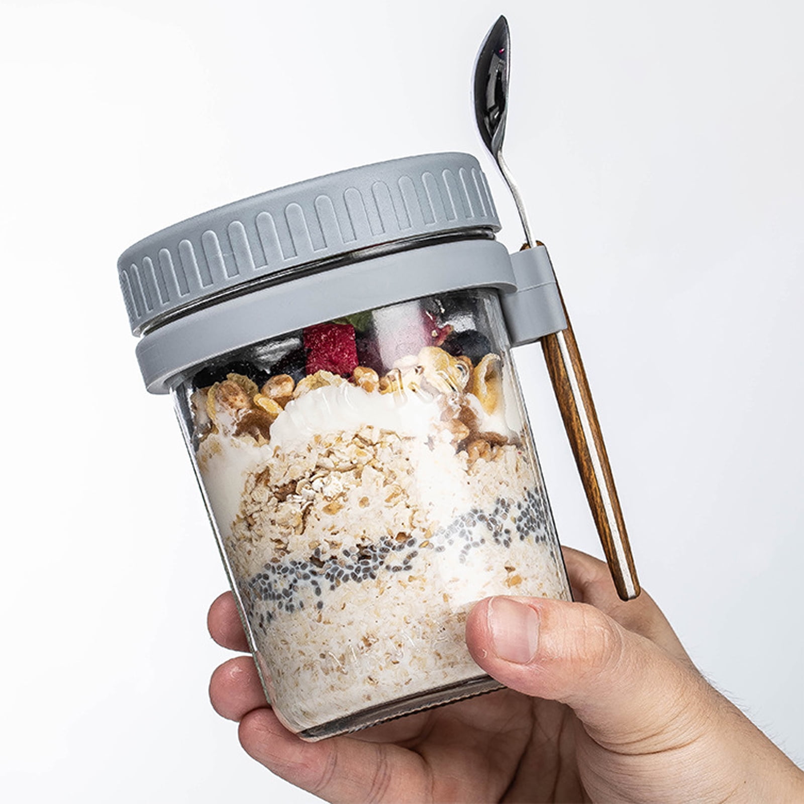 Overnight Oats Jars with Lid and Spoon,11oz/20oz Large Capacity Airtight Oatmeal Container,Portable Mason Jars Breakfast Container, Size: 350 mL, Gray