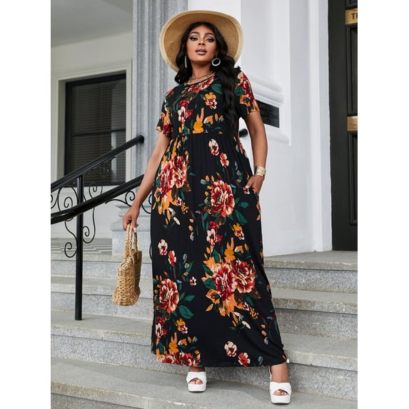 CALIPESSA Plus Size Summer Maxi Dress For Women Black Loose Casual Floral Print Boho Round Neck High Waist Dresses with Pockets, 0XL-4XL