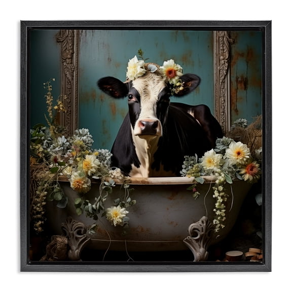 Stupell Industries Cottage Vintage Cow in Bathtub Black Floating Frame Canvas Art, 18 x 18, by Lazar Studio