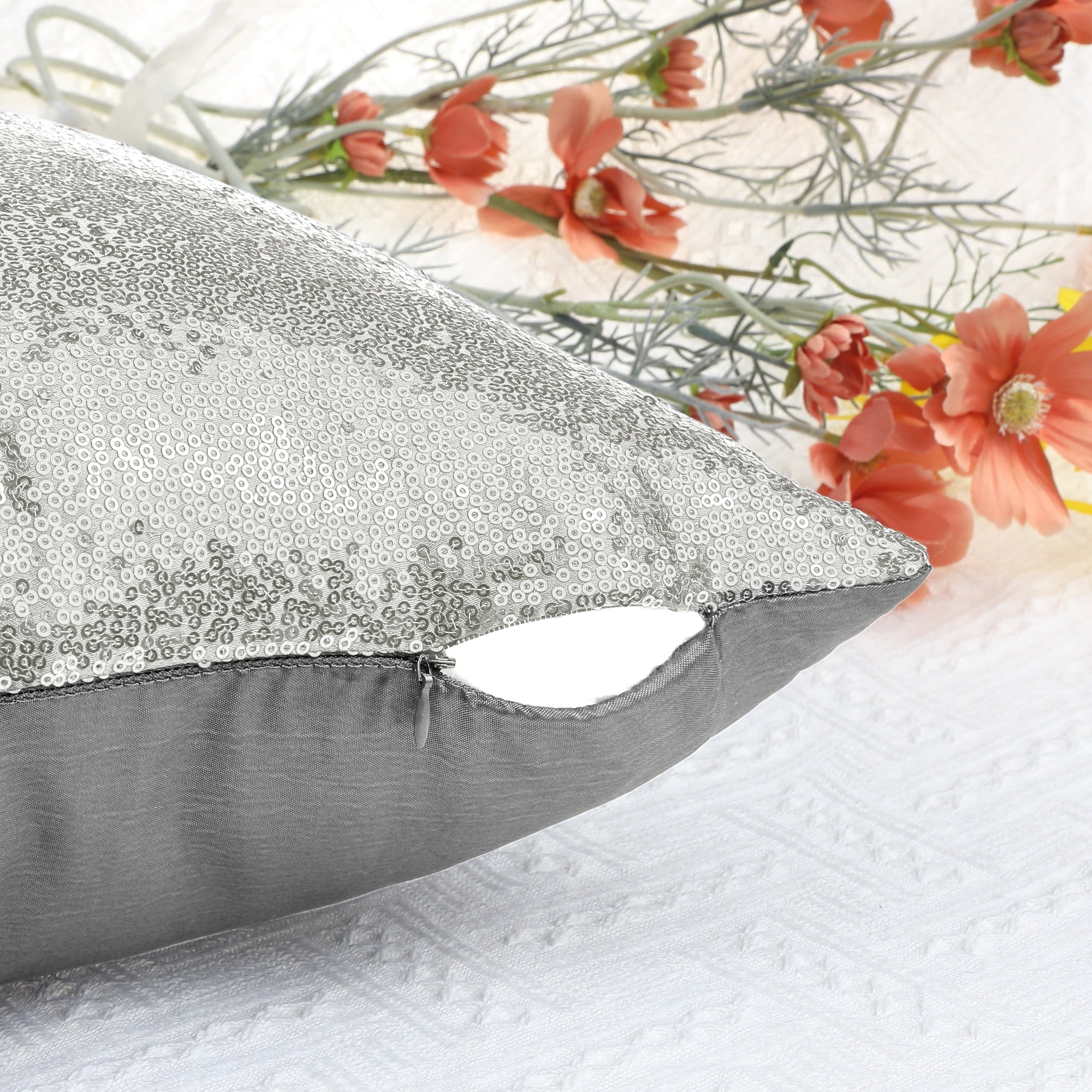 Unique Bargains Sequin Throw Pillow Covers 2 Glitter Decorative Pillow Cases Cushion Cover Silver 18" x 18"
