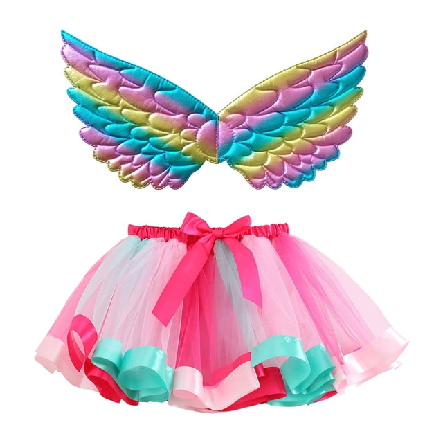 Toimothcn Robes pour Filles Mode Dégradé Coloré Robe en Tulle Douce Respirante Ample Ballet Scène Performance Jupe avec Ailes Tenue Quotidienne Adorable pour Filles