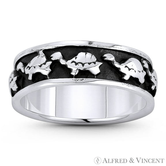 Tortoise / Turtle Spirit Animal Charm Right-Hand Eternity 6.5mm Ring / Band in Oxidized .925 Sterling Silver