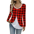 thumbnail image 3 of XPMWRP Women Fake Two Piece Patchwork Tunic Top Loose Crew Neck Button Up Henley Shirts Long Sleeve Dressy Casual Blouse Red XXXXL, 3 of 7