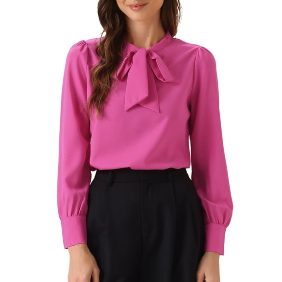 DARING DIVA Women's Bow Tie Neck Tops Long Sleeve Business Work Blouse XS Hot Pink