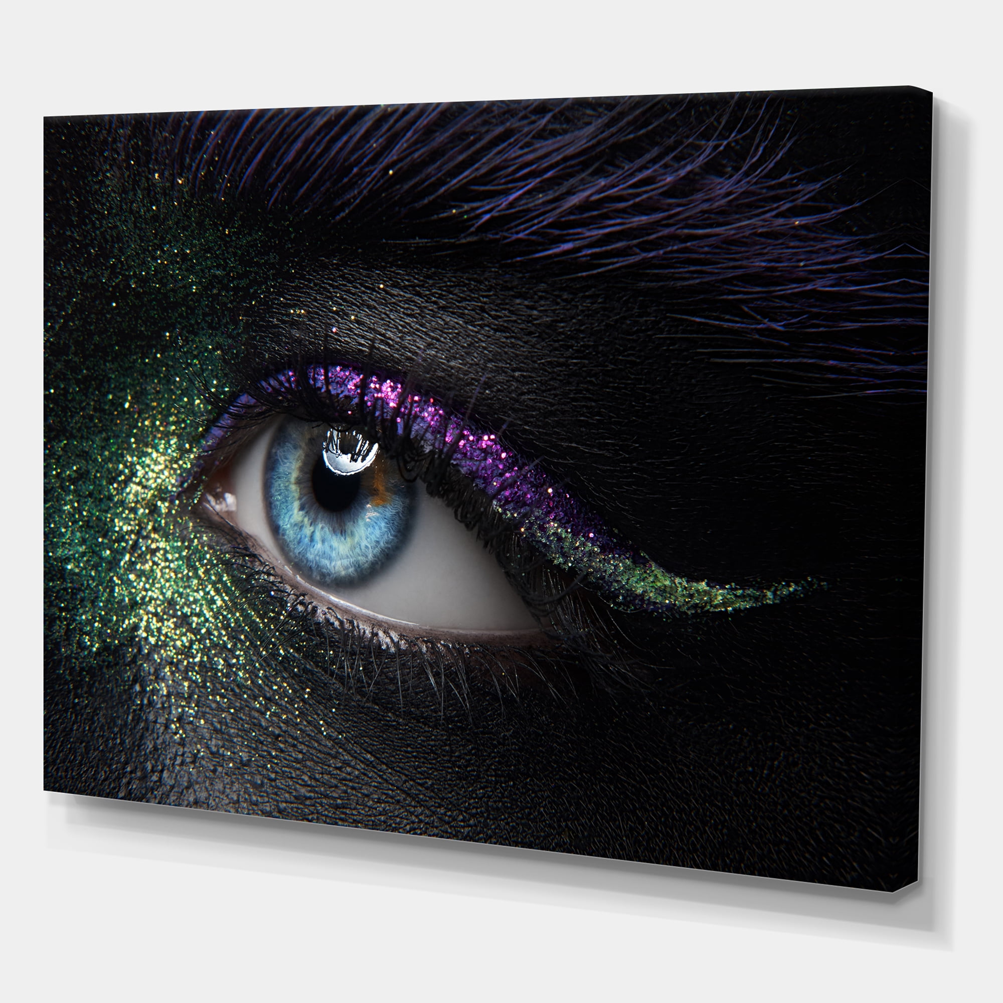 Designart ' Woman Eyes With Green & Purple Pigment & Sparkles ' Modern Canvas Wall Art Print
