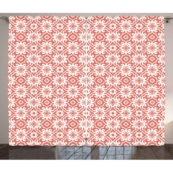 Ambesonne Coral Curtains 2 Panel Set, Vintage Art Deco Pattern, 108" x 63", Coral Pale Coral White