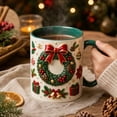 thumbnail image 3 of Novryn Christmas Coffee Mug, 2D Ceramic Cup With Raised Wreath Design for Coffee and Milk, 10 oz, Green, 3 of 7