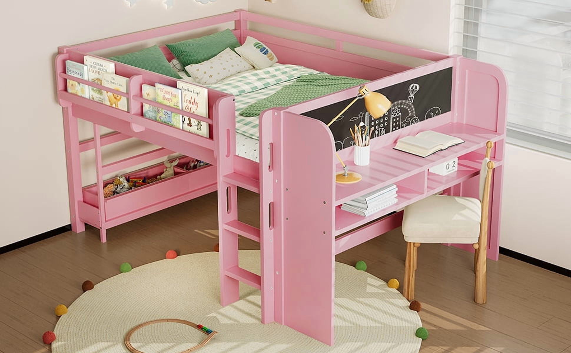 Mintazer Full Low Loft Bed with Desk & Blackboard, Kids Loft Bed with Storage Drawers, No Spring Box Needed, Pink