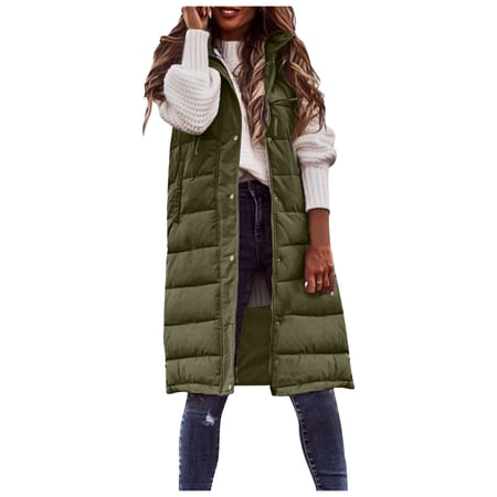 ZHOUCHANKIDS New Ladies Fashion Casual Padded Jacket Solid Color Hooded Slim Vest Temperament Sleeveless Cardigan Long Coat Green M