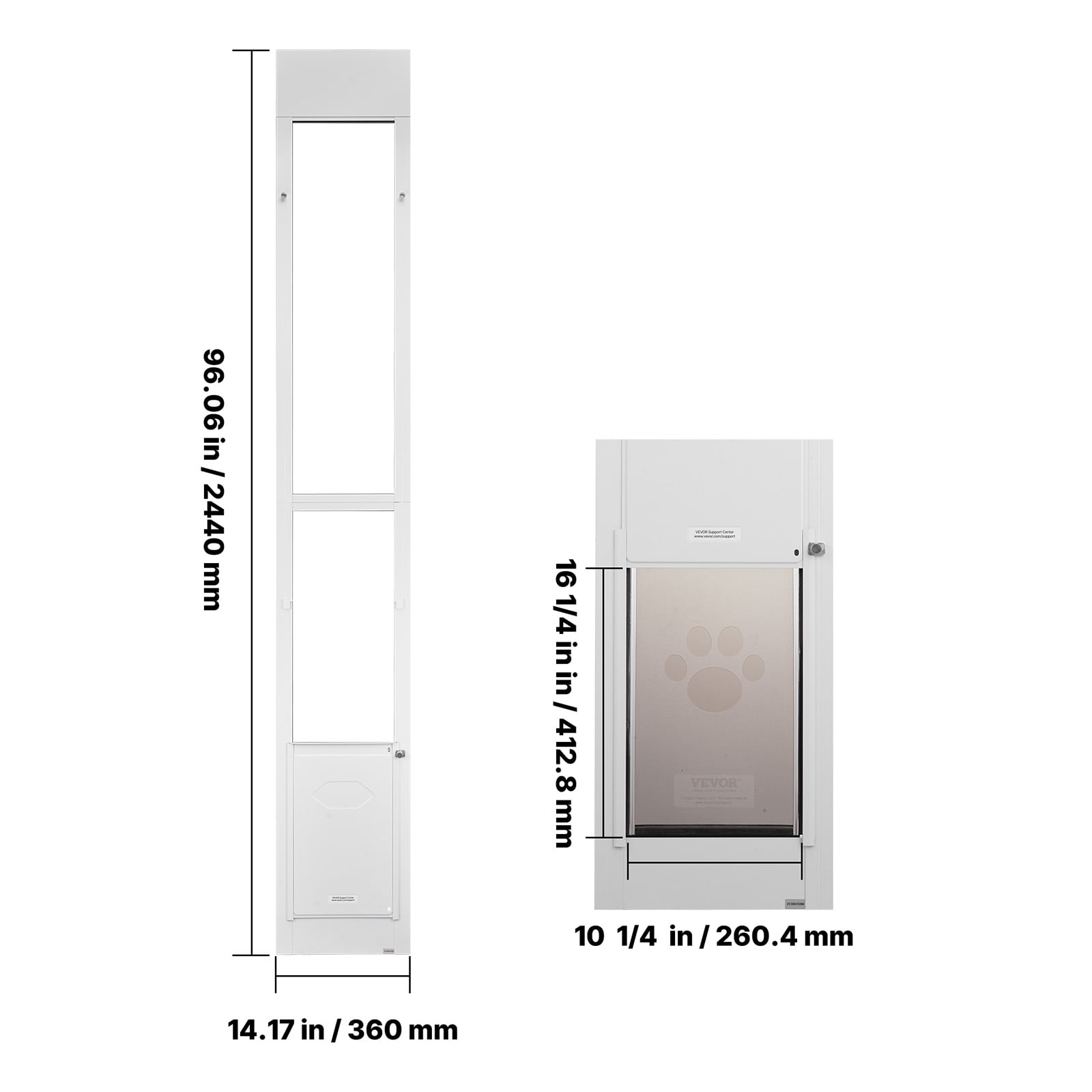VEVOR Dog Door for Sliding Glass Door, 91 to 96 in Adjustable Height, Aluminum Alloy Frame with Metal Rotating Hinges, Lock Design, 10 1/4 x 16 1/4 in Flap, Sliding Glass Pet Door for Renters