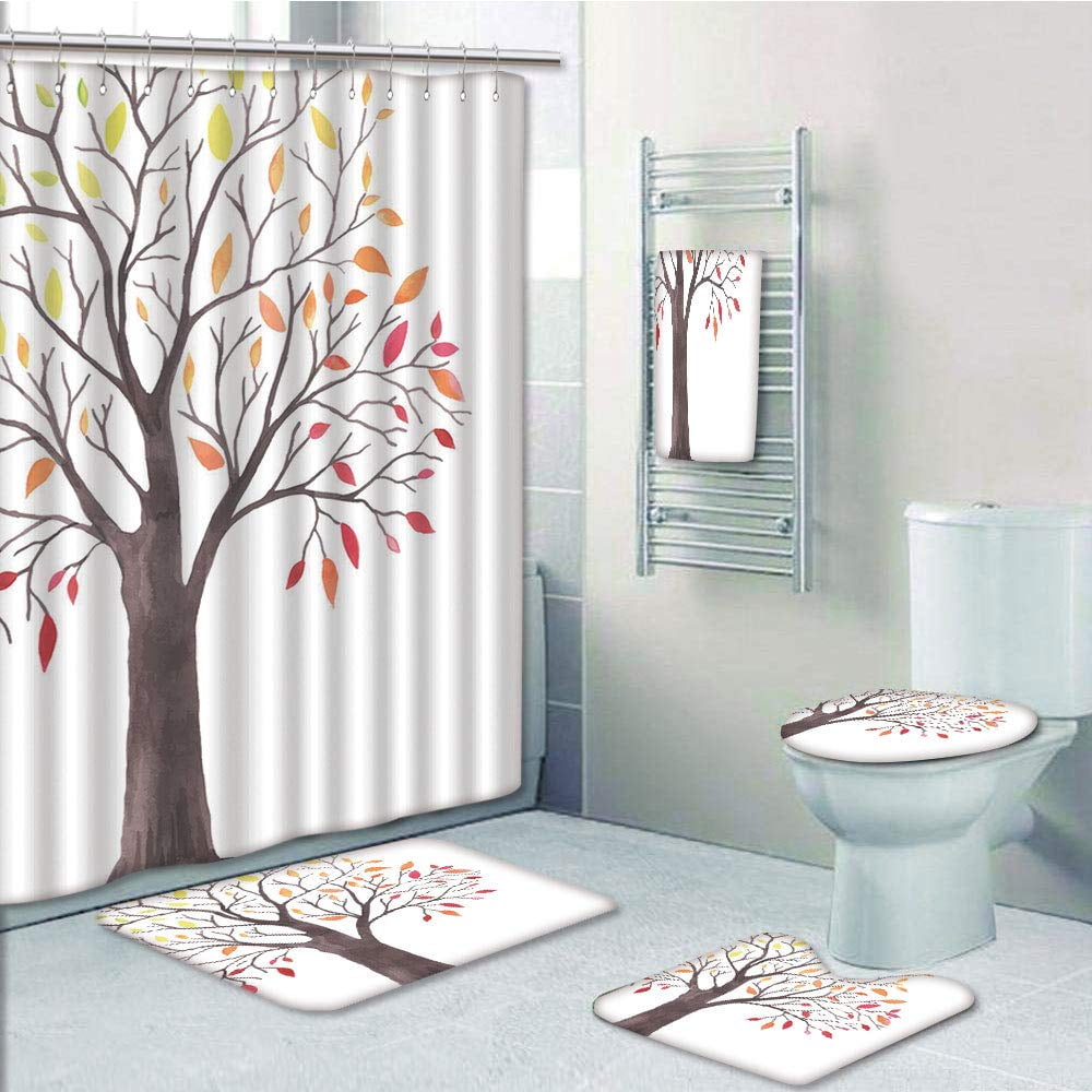 Soft Bathroom Set Shower Curtain Non Slip Bath Mat Contour Rug Absorbent Flannel