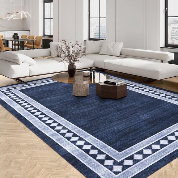 8x10 Farmhouse Geometric Border Flat Woven Neutral Area Rug, TPR Non Slip Washable Low Pile Living Room Dining Room Carpet,Blue tint