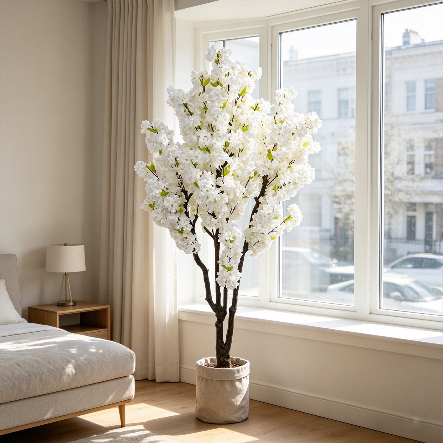 HPNIUB Cherry Blossom Artificial Tree Handmade White Flowers with Faux Leaves Indoor Outdoor Decor for Home Office Spring Party Wedding 6 ft
