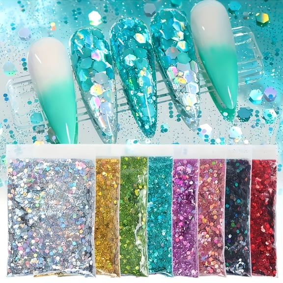 8 Packs Of Hexagonal Holographic Sequins - Nail Art Decoration, DIY Handcraft Decoration, Bright Epoxy Resin Filled, Hand-dyed, Very Suitable for Designing Necklaces And Bracelets, Craft Supplies,