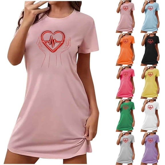 Sakmal Valentines Womens Moomoo Nightgowns Short Sleeve Lightweight Love Sleepshirt Heart Print Short Ladies Nightgown L