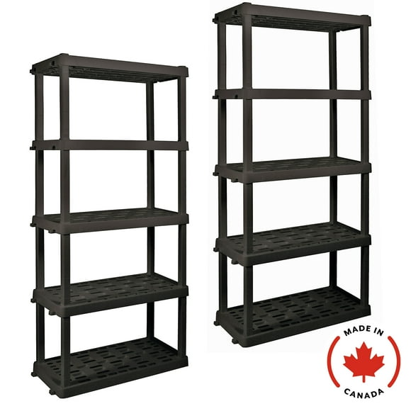 Étagères de rangement en plastique ultra-résistantes pour garage, 5 niveaux, 188 cm (H) x 4,5 m (P) x 91 cm (L), lot de 2, noir, capacité de 340 kg (750 lb).