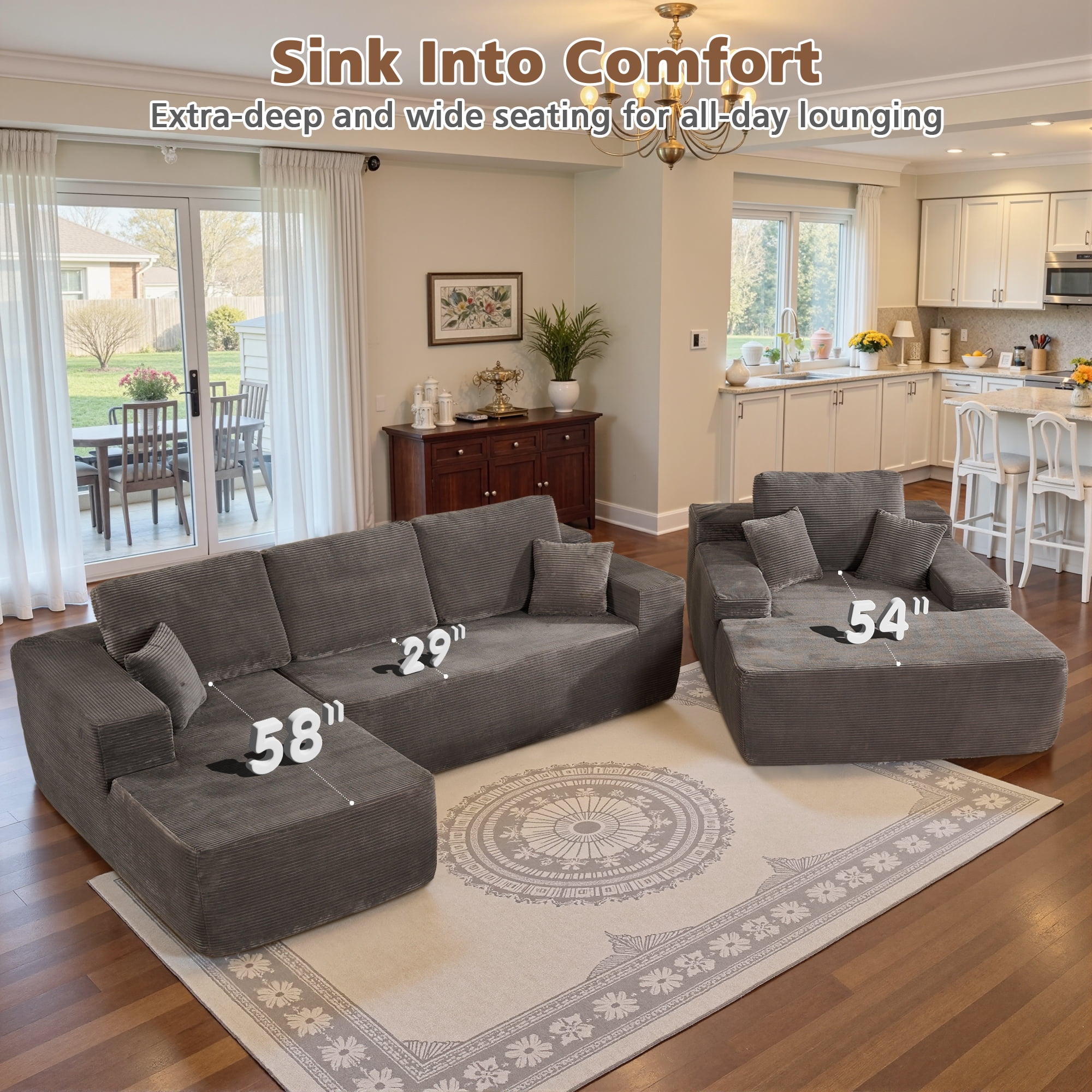 Ovios 106" Modular Cloud Couch Oversized Deep Seat Corduroy Sectional Sofa with Lounge Chair for Living Room, No Assembly, Gray