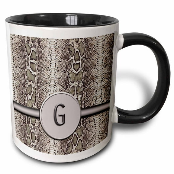 3drose, Modern Snakeskin with Round Framed Monogram Letter G, 11oz Two-tone Black Mug