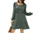 thumbnail image 6 of Dresses for Women Casual Women's Casual Solid Color Lantern Sleeve Pocket Knitted Striped Dress Deals Green, XL, 6 of 7