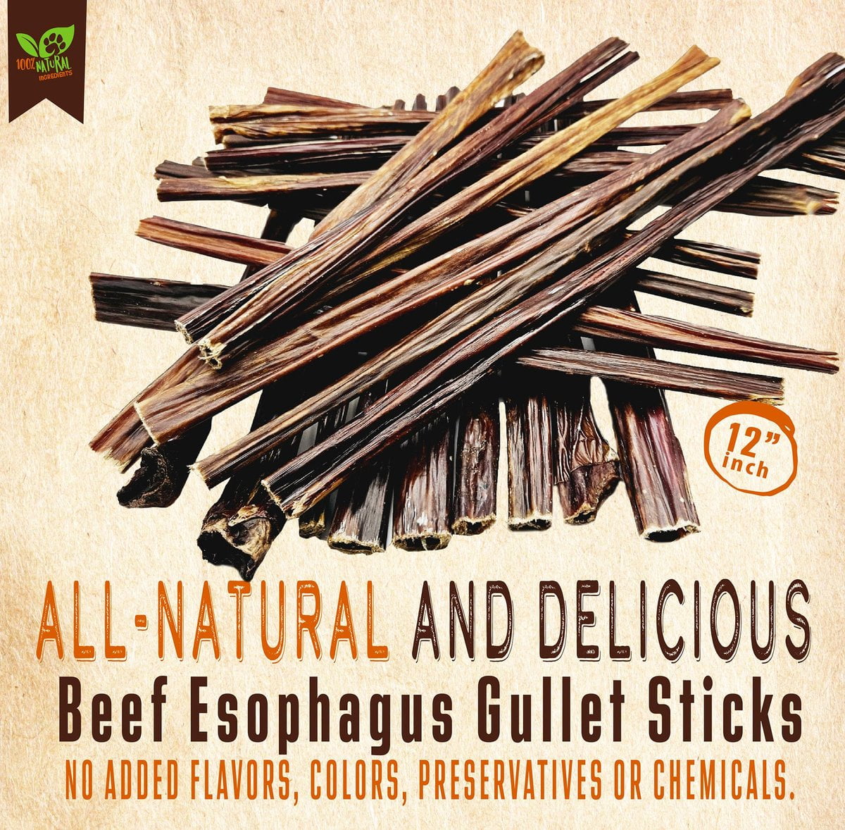 12" Beef Esophagus Gullet Sticks Dog Treats, 40 count