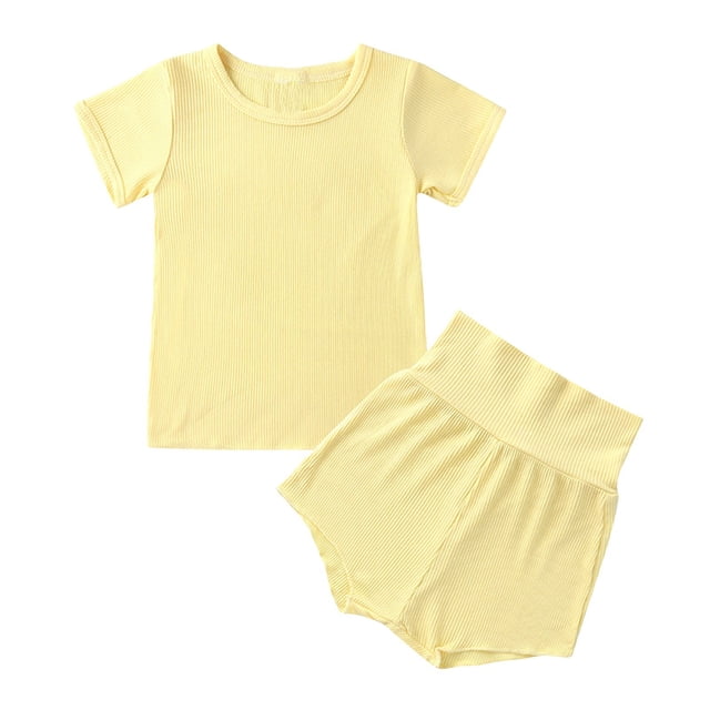 PEASKJP Girl's 2 Piece Tracksuit Sets 2PCS Ribbed Tank Top Camisole and Drawstring Short Bottoms Tracksuit,Yellow 110