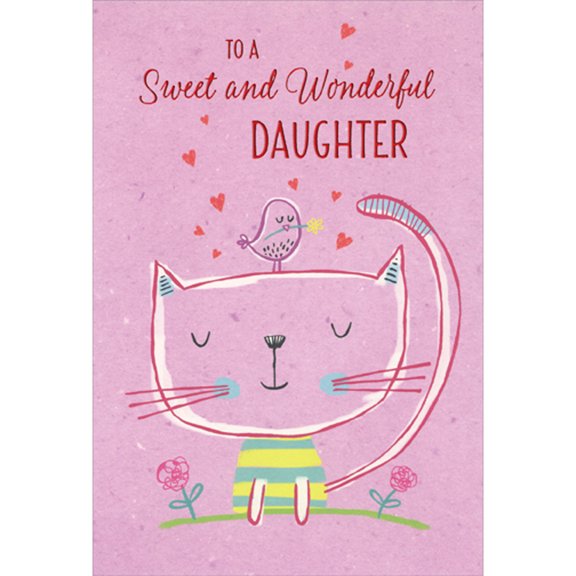 RSVP Bird Perched on Top of Closed Eyes Cat with Striped Shirt Valentine's Day Card for Daughter