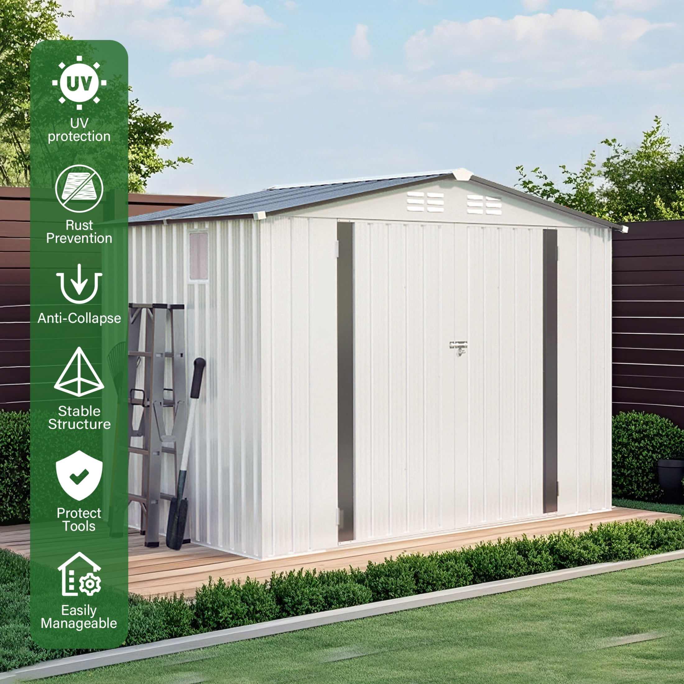 Noble House 8 x 6 FT Metal Storage Shed with Lockable Double Doors, Window and Vents, White + Gray